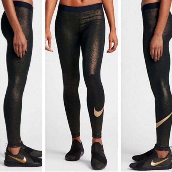 Nike Pro Gold Sparkle Metallic Tights Small Croppe